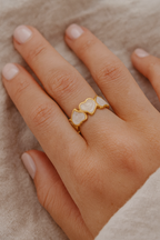 Serenza Hearts 18K Gold Plated Adjustable Ring | Pearlescent Leaf Heart Pattern Band, Waterproof & Non-Tarnish