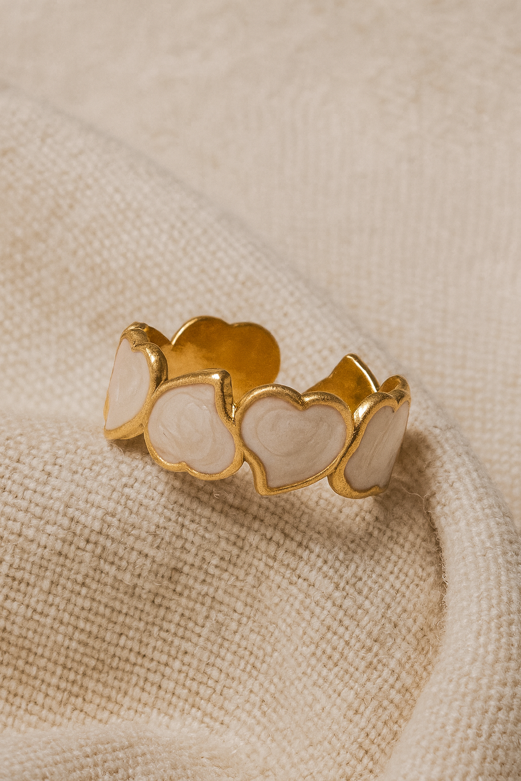 Serenza Hearts 18K Gold Plated Adjustable Ring | Pearlescent Leaf Heart Pattern Band, Waterproof & Non-Tarnish