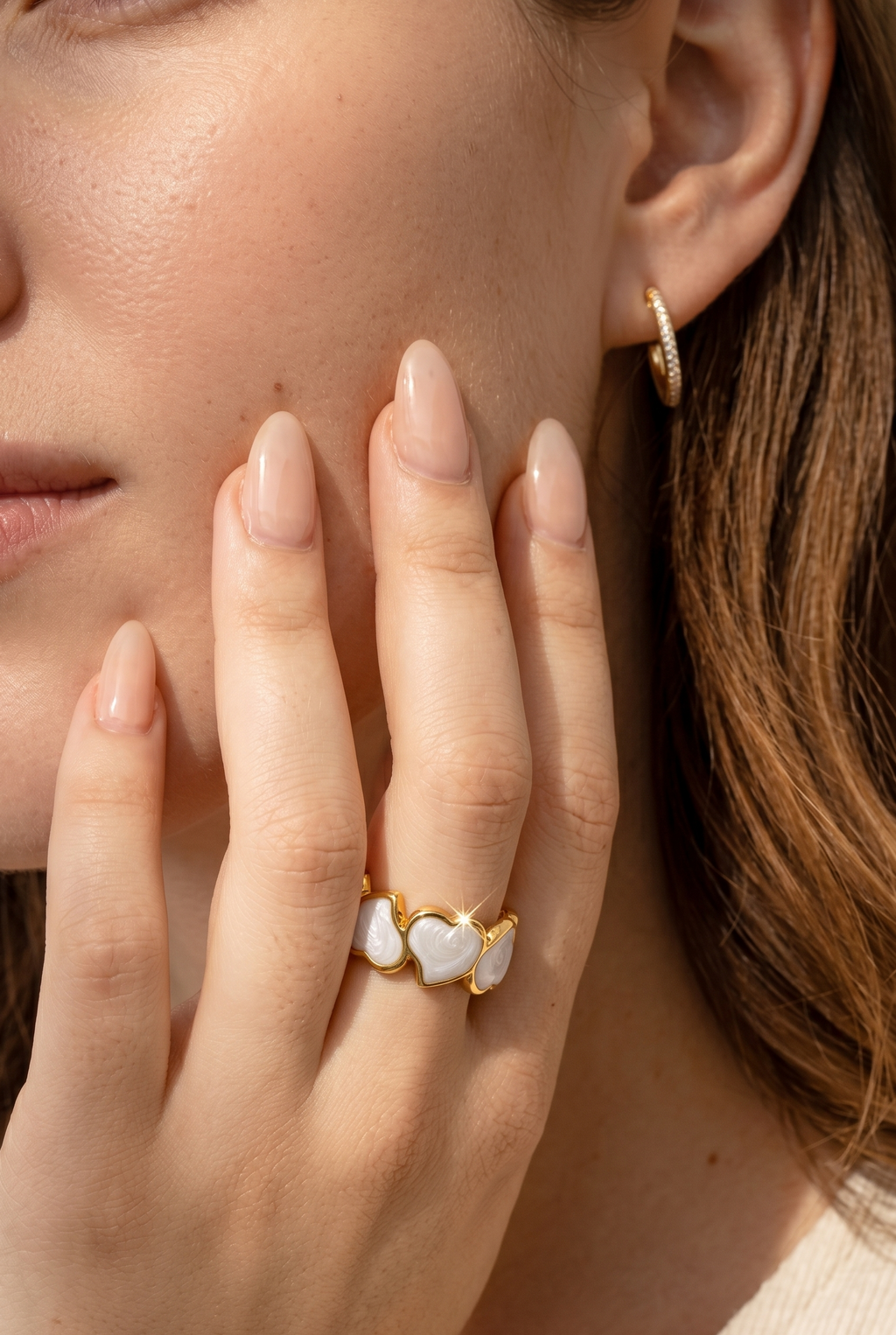 Serenza Hearts Non-Tarnish 18K Gold Plated Adjustable Ring | Pearlescent Leaf Heart