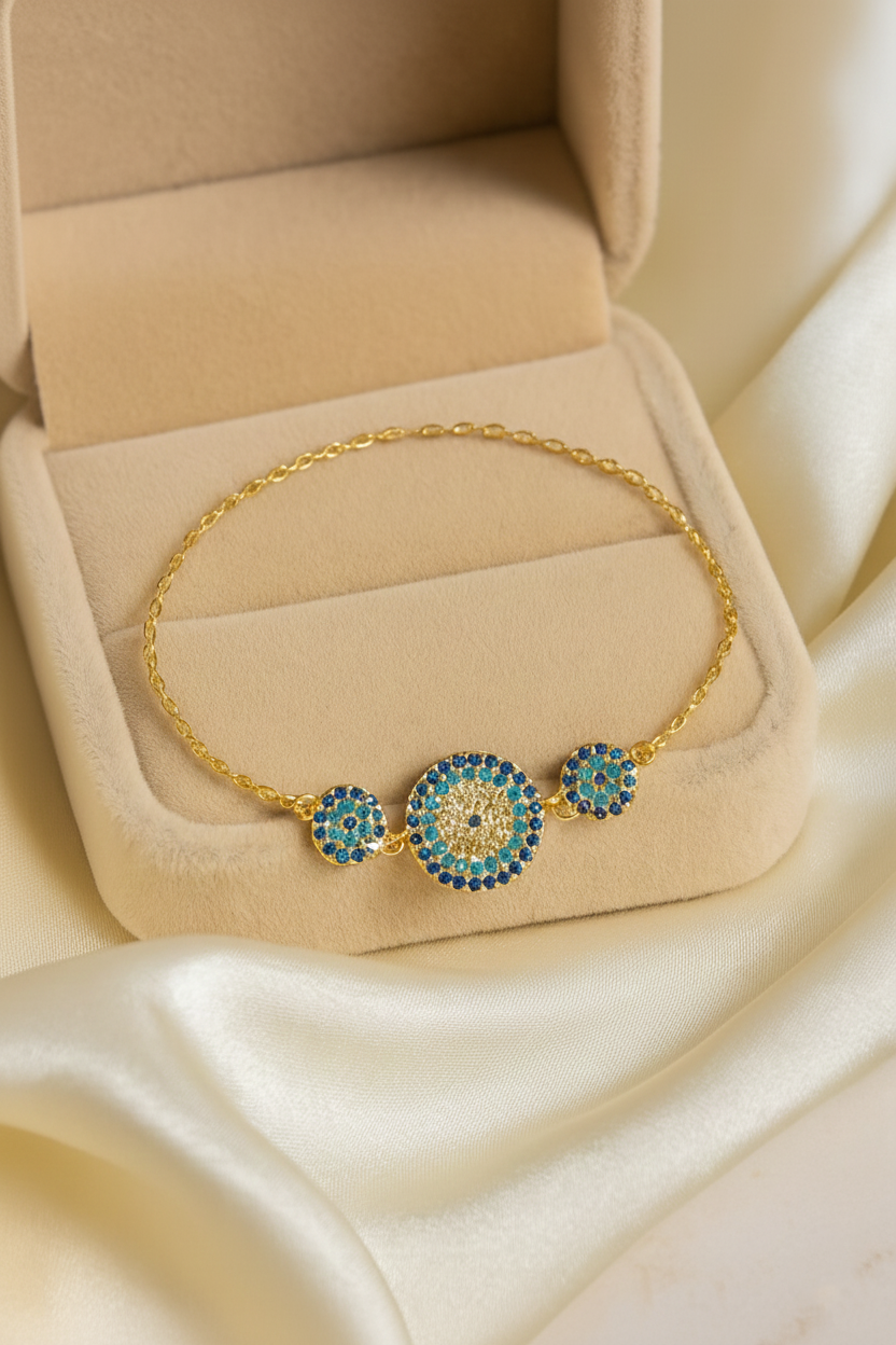 Trio Evil Eye 925 Sterling Silver Bracelet for Women | Dual Tone Gold & Silver Protective Charm Bracelet