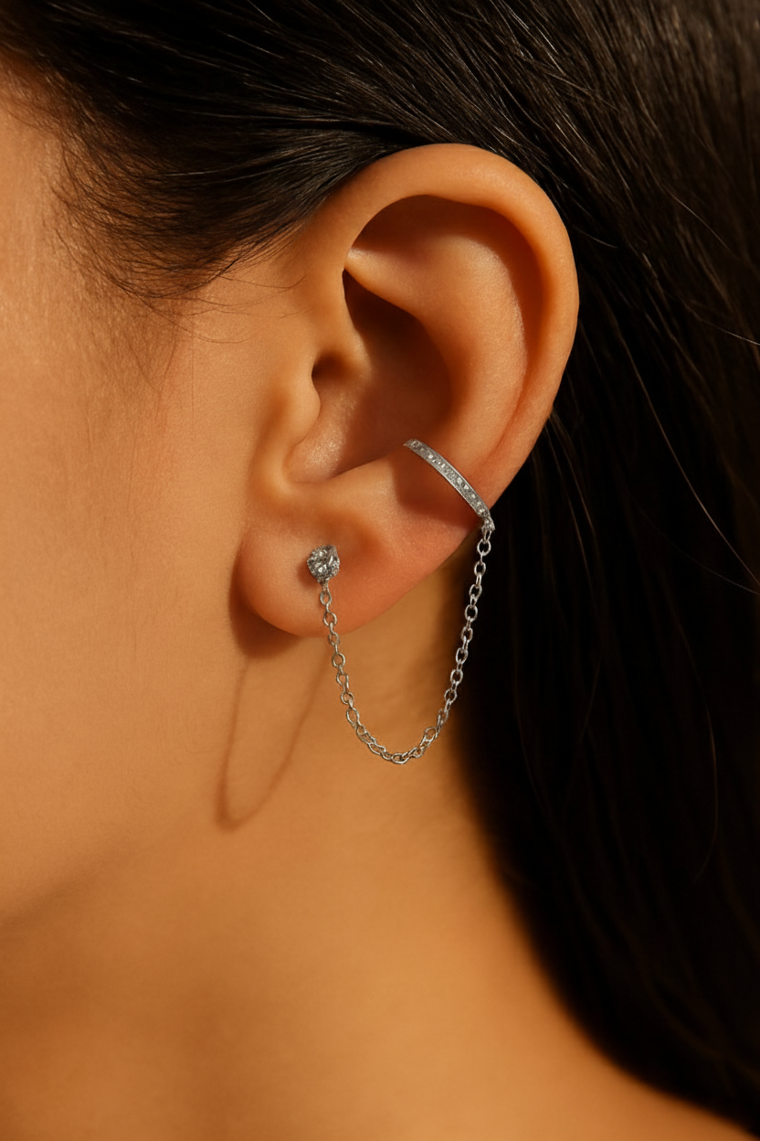 Celeste Connect 925 Sterling Silver Chain Earrings for Women | Gold & White Gold Plated Zircon Earrings