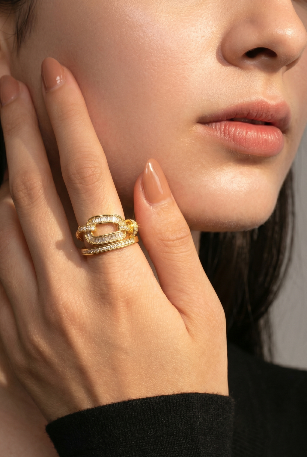 Regal Link Sparkling Zircon 18K Gold Plated Zircon Adjustable Ring | Elegant Gold Copper