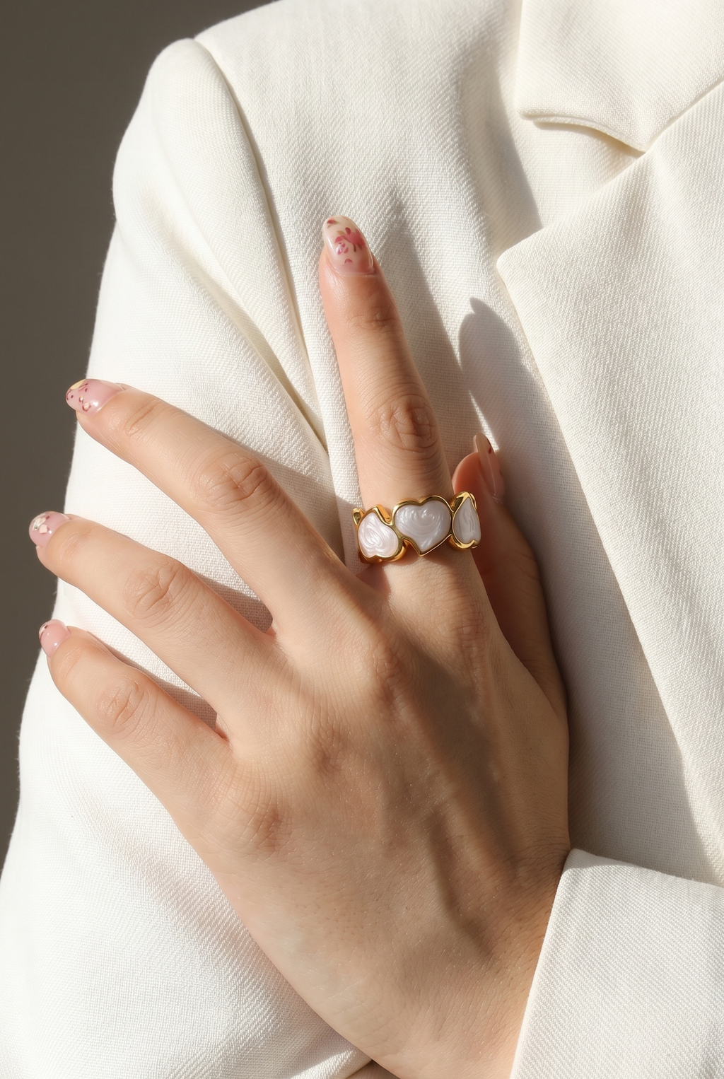 Serenza Hearts Non-Tarnish 18K Gold Plated Adjustable Ring | Pearlescent Leaf Heart