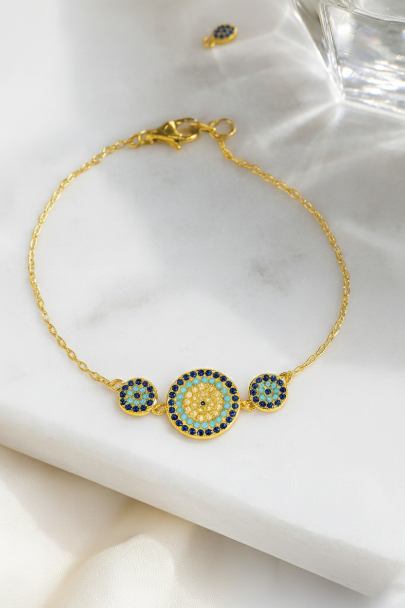 Trio Evil Eye 925 Sterling Silver Bracelet for Women | Dual Tone Gold & Silver Protective Charm Bracelet