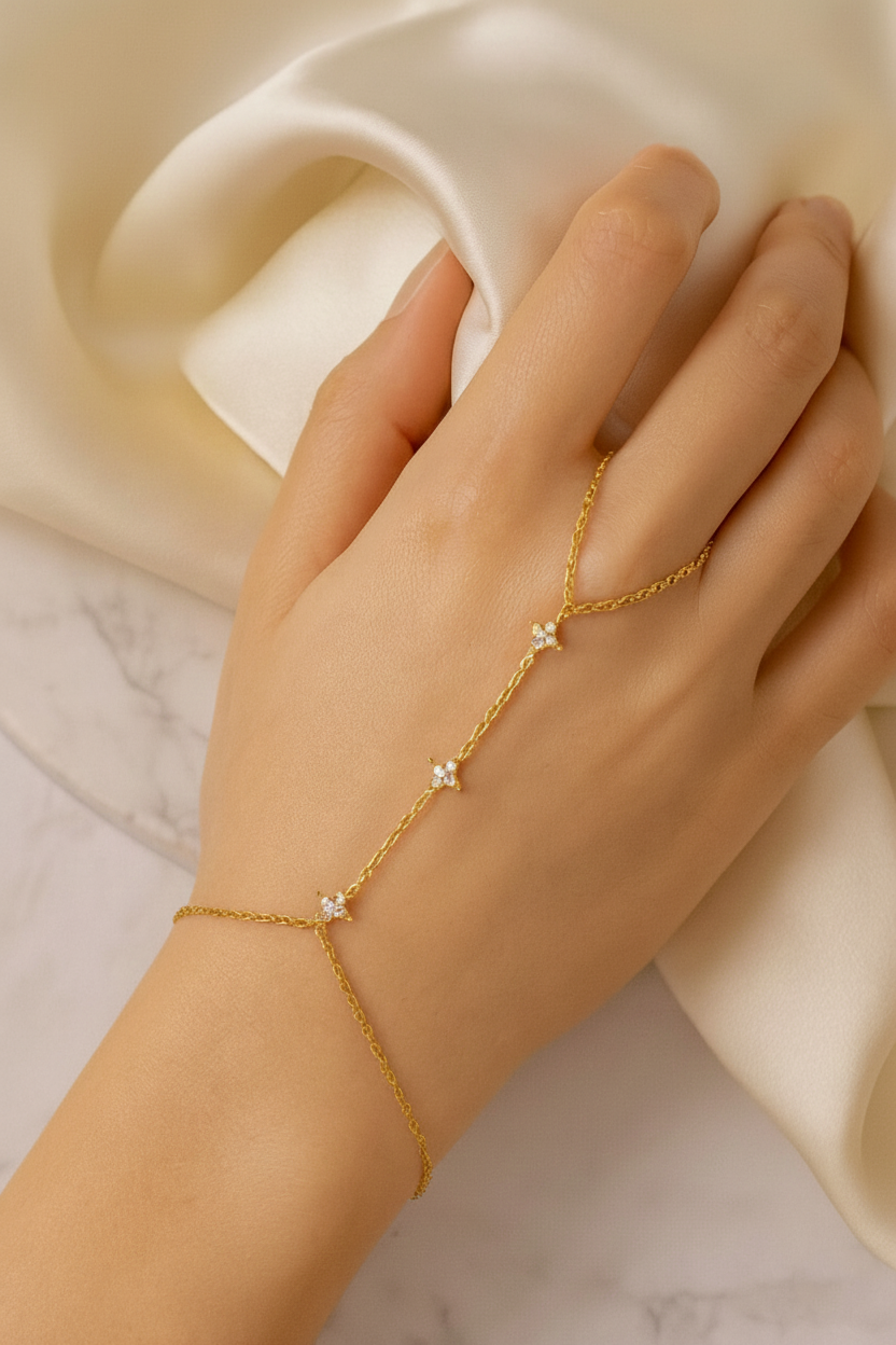 Stella 925 Sterling Silver Hand Bracelet Chain for Women | Elegant Gold Zircon Hand Chain Jewellery