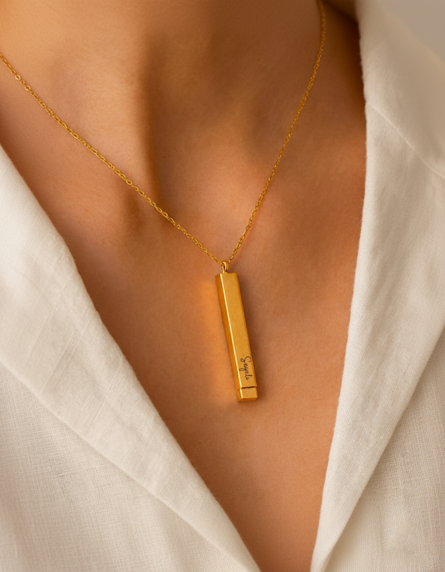Personalized Monarque Slide Bar Necklace | 18K Gold Plated Custom Bar Pendant Necklace
