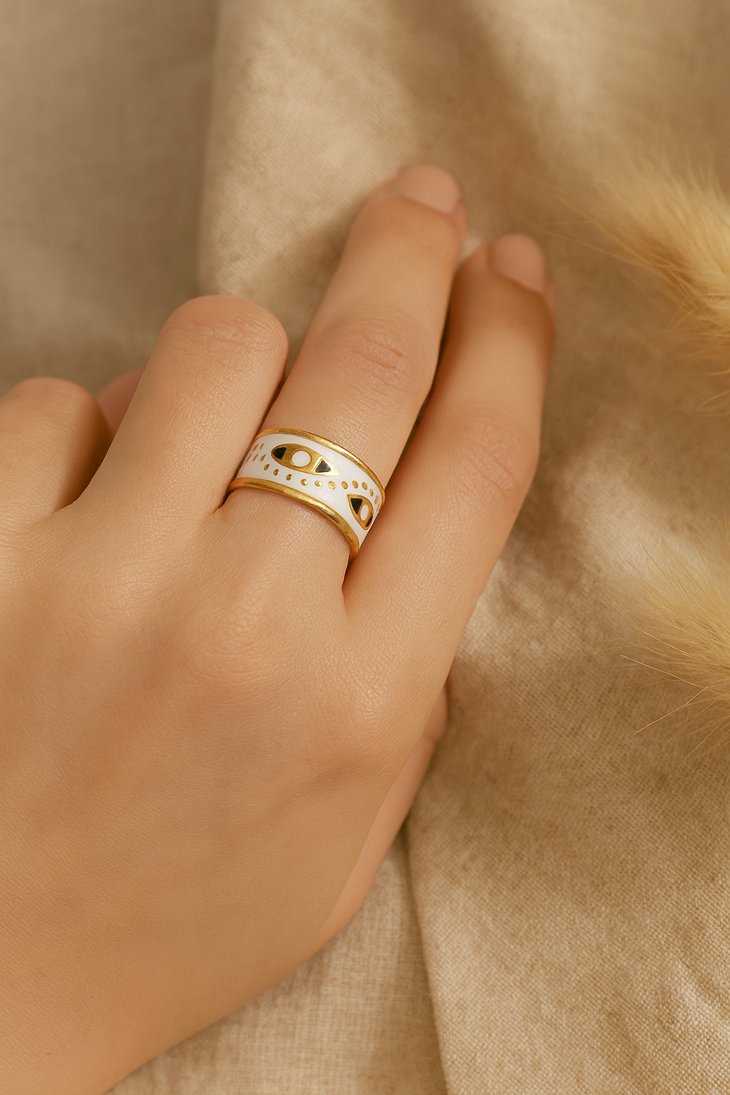 Aureus Evil Eye 18K Gold Plated Adjustable Ring | Gold, White & Black Band, Waterproof & Non-Tarnish Protective Jewelry House Of RISMÉ