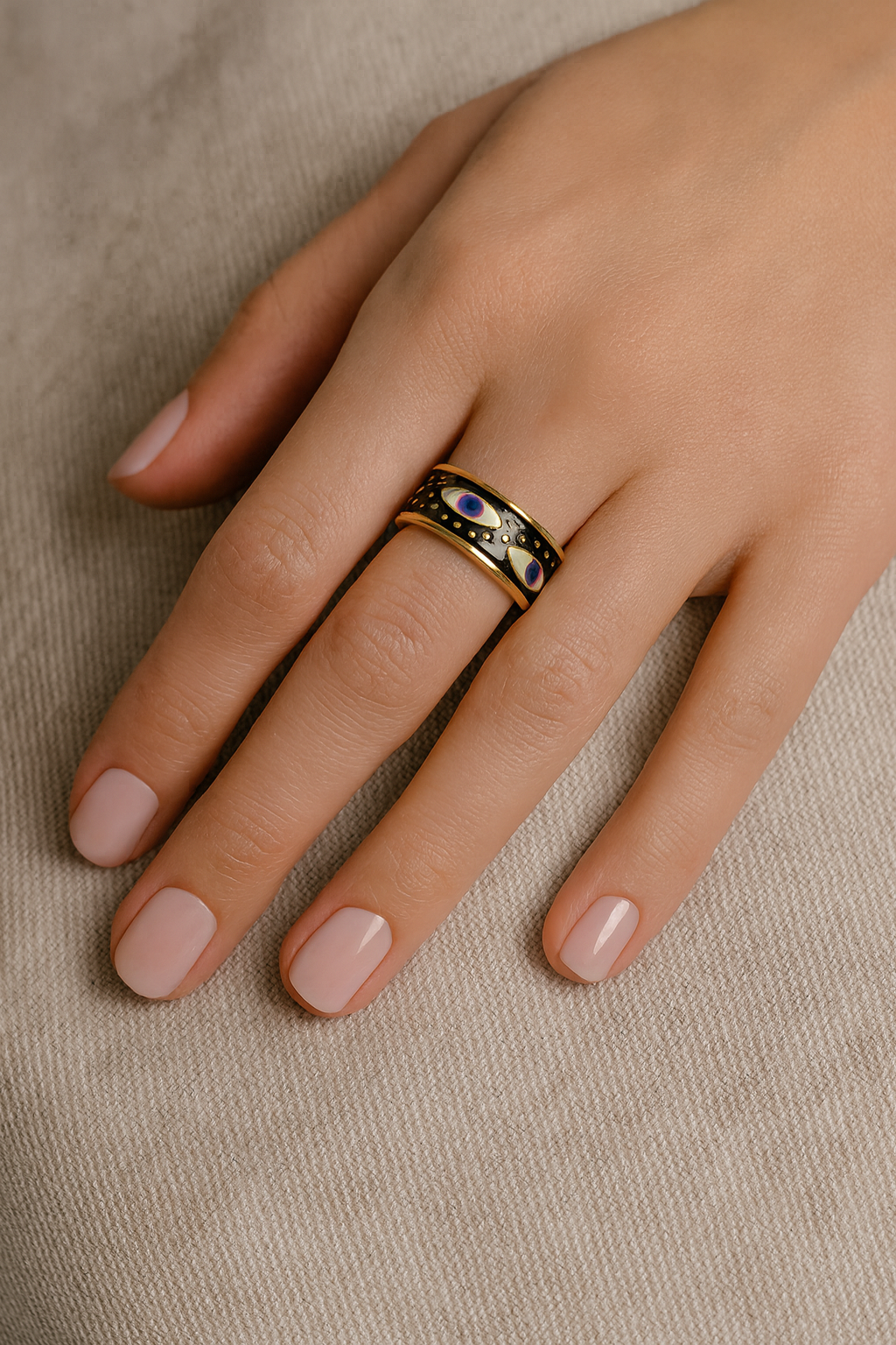 Aureus Evil Eye 18K Gold Plated Adjustable Ring | Gold, White & Black Band, Waterproof & Non-Tarnish Protective Jewelry House Of RISMÉ