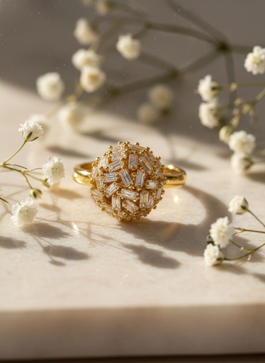 Starlit Burst 18K Gold Plated Zircon Adjustable Ring | Elegant Copper Statement Ring with Sparkling Zircon