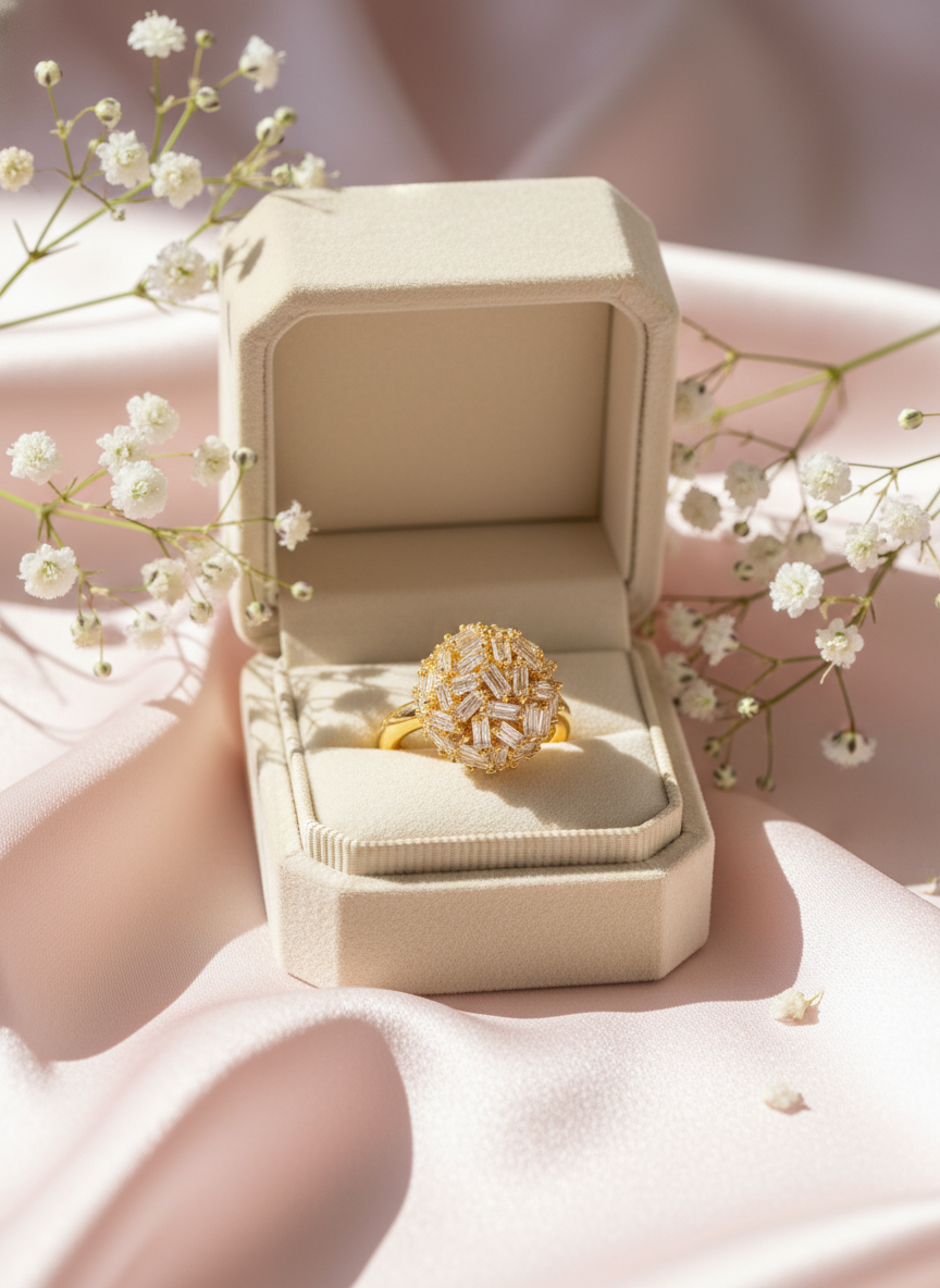 Starlit Burst 18K Gold Plated Zircon Adjustable Ring | Elegant Copper Statement Ring with Sparkling Zircon