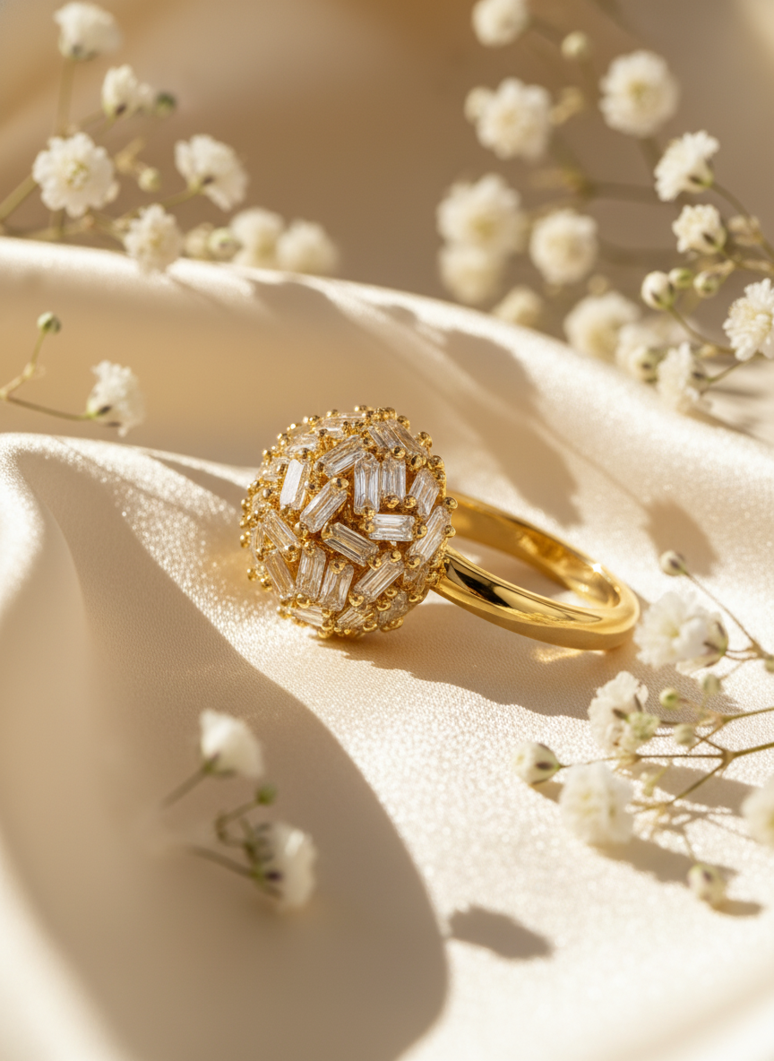 Starlit Burst 18K Gold Plated Zircon Adjustable Ring | Elegant Copper Statement Ring with Sparkling Zircon