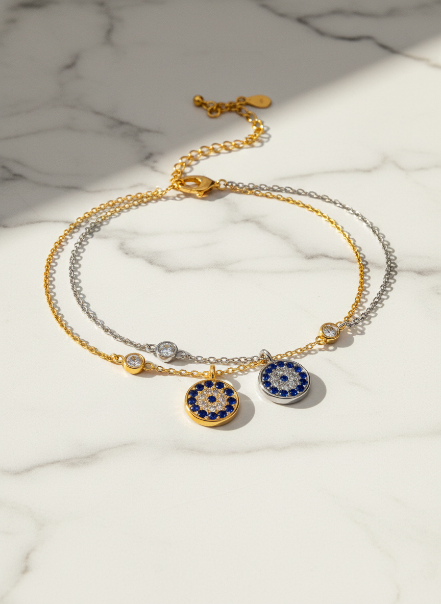 Celestia Evil Eye 925 Sterling Silver Bracelet for Women | Dual Tone Gold & Silver Elegant Protective Charm Bracelet