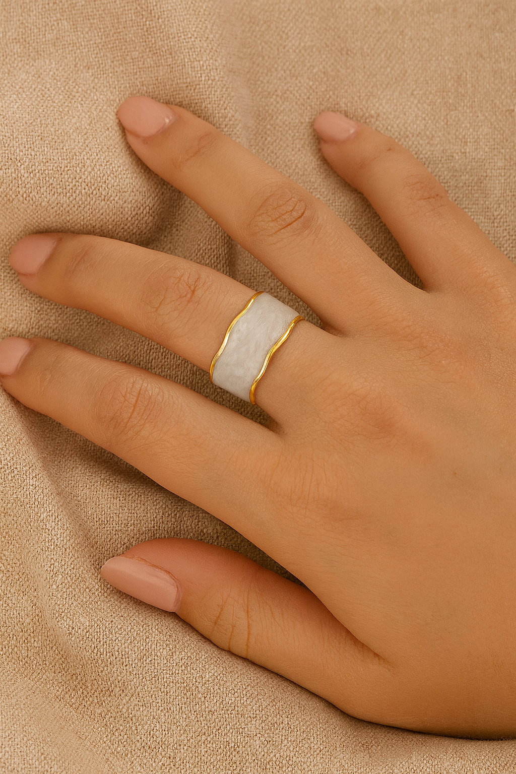 White Mirage 18K Gold Plated Adjustable Ring | Pearlescent Wave Pattern Band, Waterproof & Non-Tarnish House Of RISMÉ