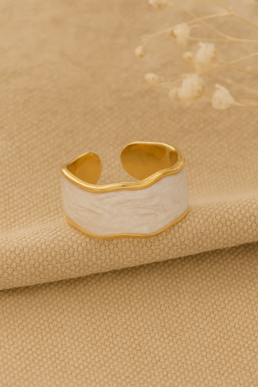 White Mirage 18K Gold Plated Adjustable Ring | Pearlescent Wave Pattern Band, Waterproof & Non-Tarnish House Of RISMÉ